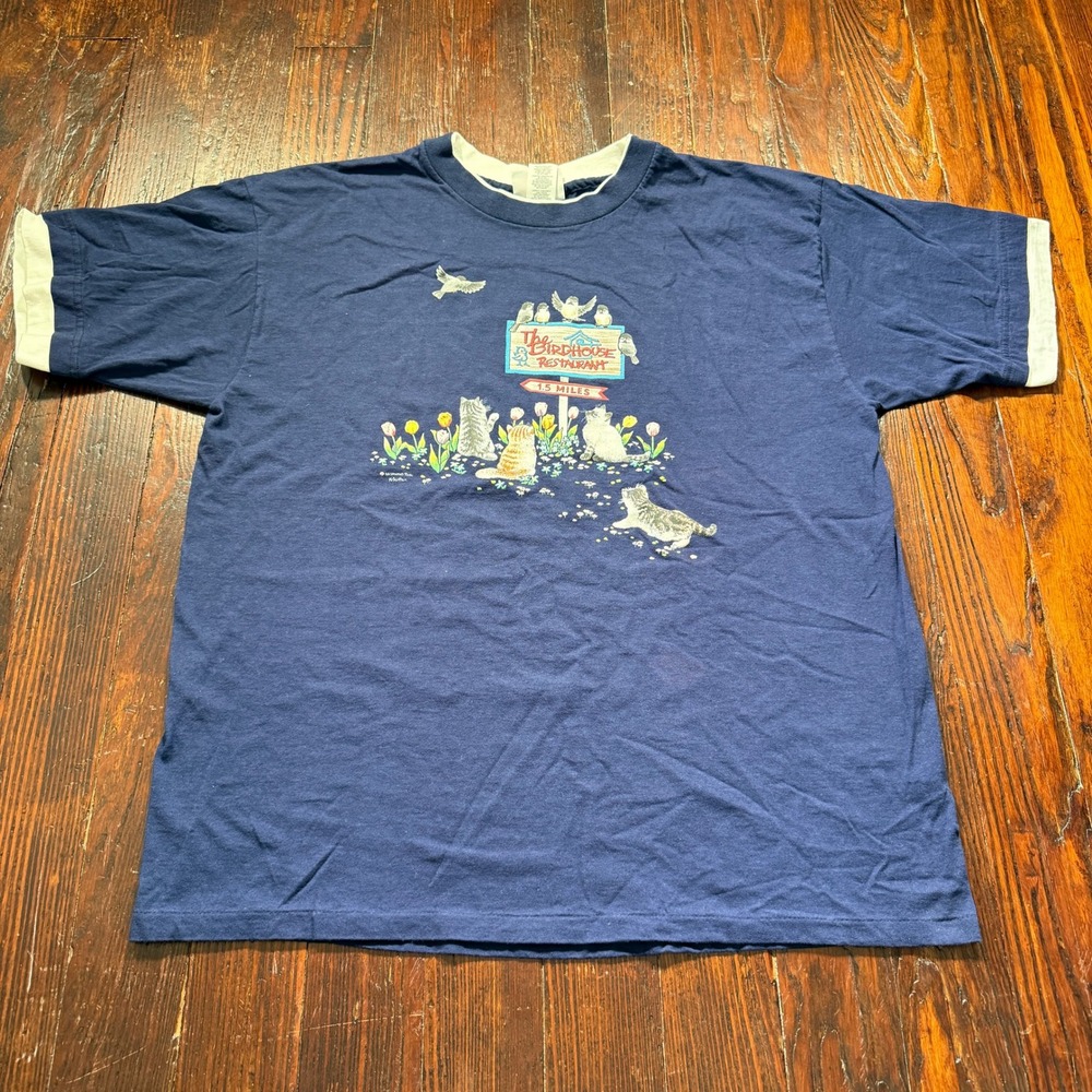 Vintage Birdhouse Restaurant Shirt Womens XL Blue Cats Birds USA Single Stitch